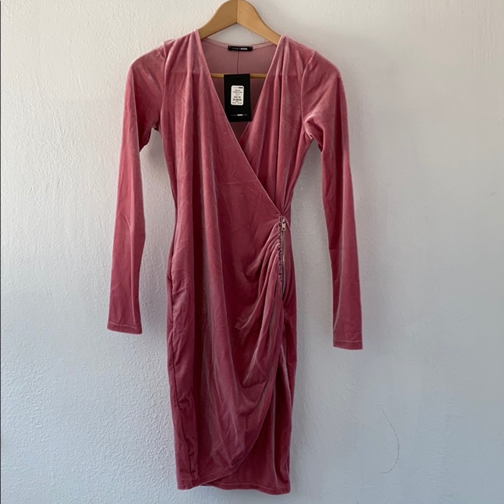Pink Velvet Long Sleeve Midi Dress